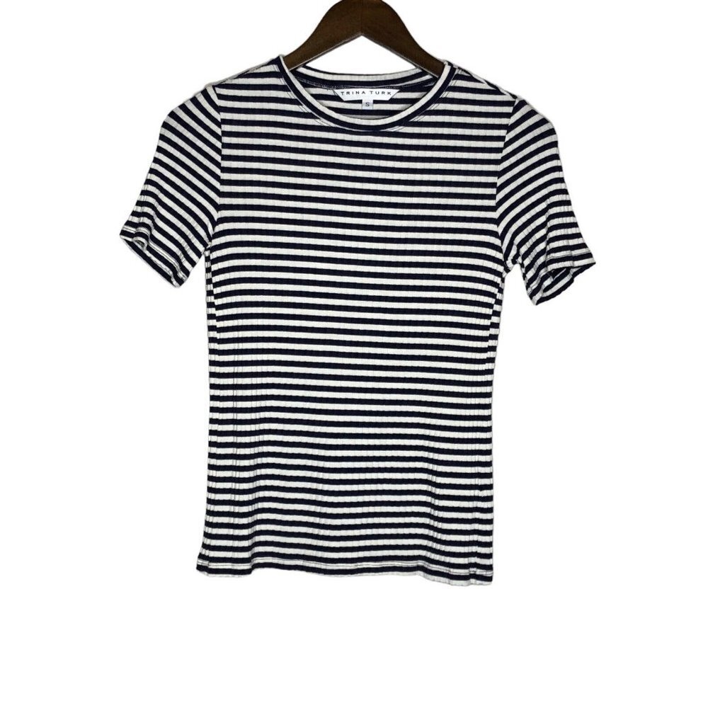 Trina Turk Blue and White Striped Short Sleeve Top Size Small